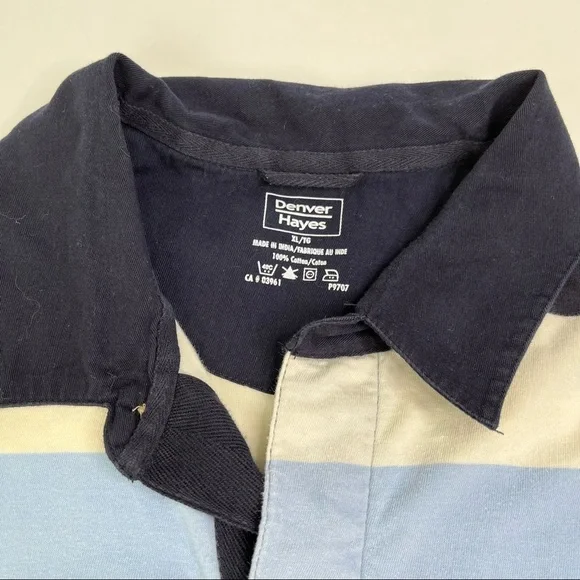 DENVER Hayes Navy Blue & Cream Wide Striped Pocket Collar Soft Short Sleeve Polo - Picture 2 of 5